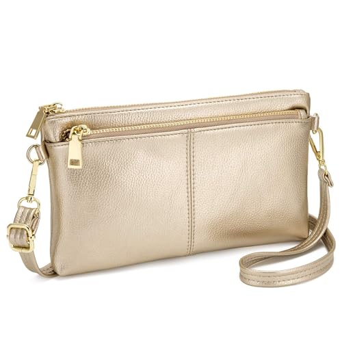 ZOUIQSS Kleine Dreifach Reißverschluss Umhängetasche Leichte Handtaschen Geldbörse Vegan Kunstleder Handgelenkstasche,Inklusive verstellbarer Schulter(Gold(LZ))