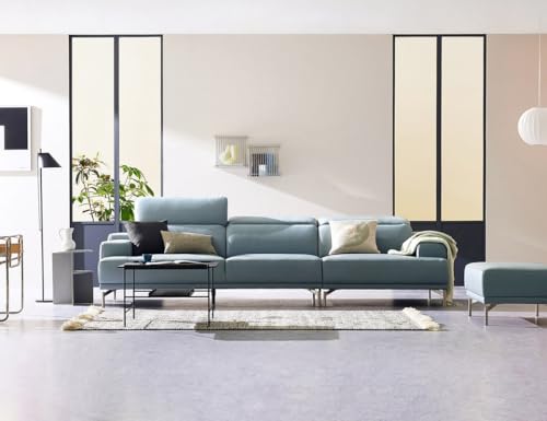 Image of Fabrique Duerox Leatherette 4 Seater with Puffy Moden Design Blue Sofa Set with Moveable Headrest | Comfortable Furniture for Home Office & Living Room | Easy to Move with Stainless Steel Legs