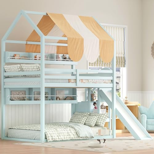 SOFTSEA Full Over Full Bunk Bed with Slide and Stairs, Wooden House Bunk Bed with Storage Shelves, Space-Saving House Bunk Bed Frame with Roof & Canopy for Boys Girls, Green