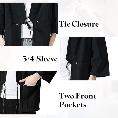 Image of Haseil Men's Kimono Cardigan Japanese Jackets Casual Cotton 3 /4 Sleeve Shirt Open Front Coat Lightweight Linen Yukata