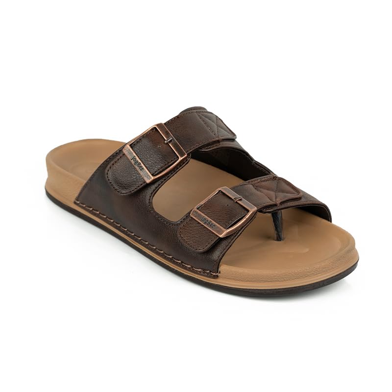 Image of Jogger Men's Casual Double Strap Buckle Slipper | Comfortable Slide Sandal (Brown, UK Footwear Size System, Adult, Men, Numeric, Medium, 10)