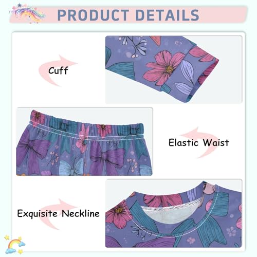 Pajama Sets Long Sleeve Bow Flowers on Blue Soft Comfy Sleepwear 2 Piece PJS 3-8T4