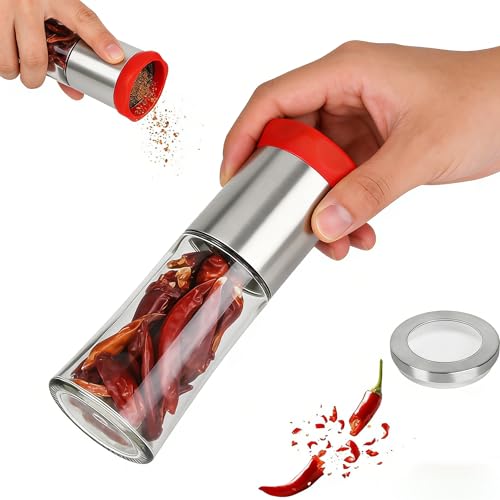 JNEYVIC Chilimühle Edelstahl & Glas Gewürzmühle Chili Gewürzschneider Manuell 150ml Pfeffermühle Chili Schneider Salzmühle Chilis Zerkleinerer für Trockene Chilis Chilischoten Pfeffer Kräuter Küche