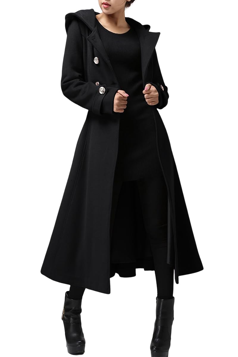 Photo 1 of Cicy Bell Womens Long Double-Breasted Hooded Coat Winter Warm Wool Trench Coat with Belts