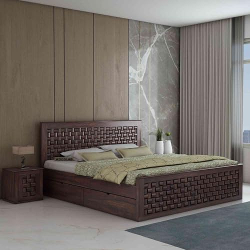 Image of WOODLAB Furniture Sheesham Wood Queen Size Bed with 4 Side Drawer Storage and Headboard | Wooden Double Size Bed Cot Palang for Bedroom Living Room Wooden Double Cot Palang Bed (Walnut Finish)