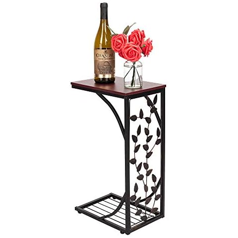 MathRose Sofa Side End Table, Dark Brown Wood Top with Leaf/Gravel Design-Perfect for Living Room, Slides Up to Sofa,Chair,Recliner Snacks, Drinks Books & Phone (1 PCS-Leaf & Brown) Cover
