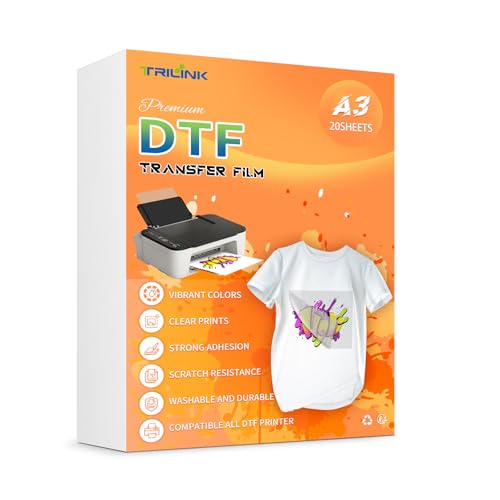 TRILINK Papel Transfer DTF A3 (29,7 x 42 cm) - 20 Hojas Papel de Transferencia PET Direct-to-Film para Impresoras DTF - Compatible con Algodón, Poliéster y Textil - Ideal para Impresión en Camisetas