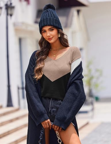 Image of Zeagoo Womens Sweaters Fall Trendy Casual Long Sleeve Shirt Lightweight V Neck Off Shoulder Crochet Pullover Top Outfit