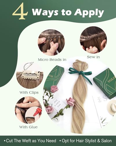 Image of Ugeat 24 Inch Weft Hair Extensions Human Hair, Human Hair Extensions Sew in 100g, Sew in Extensions Long Straight, Ash Blonde Highlights Medium Blonde