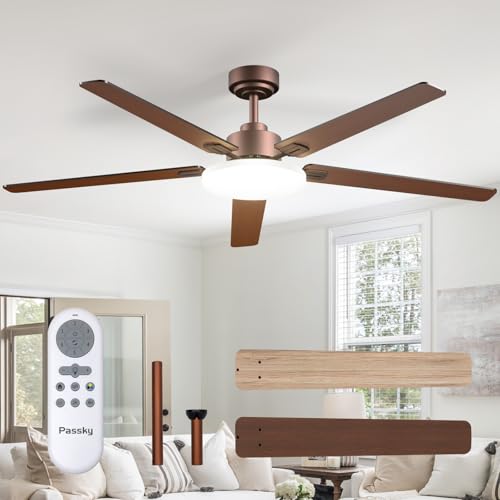 Image of Passky Ceiling Fans with Lights, 60 inch Sleek Ceiling Fan with Light and Remote Control, 3CCT, Dimmable, Reversible, Noiseless, Brown Ceiling Fan for Bedroom, Living Room