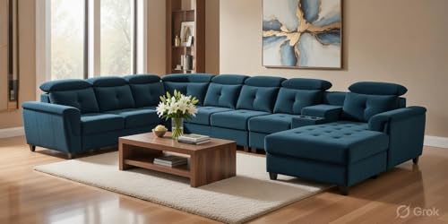 Image of Mishel 12 Seater Sofa Set for Living Room | Sectional U Shaped 12 Seater Sofa with Storage & Cupholder (Teal Fabric, RHS)