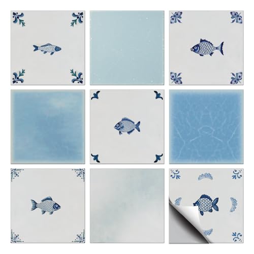 CHGCRAFT 36 Stück 9 Stile Fliesenaufkleber Vintage Stil Abziehen und aufkleben Wandfliesenaufkleber Blauer Handgezeichneter Fisch im Delfter Stil Wasserfest Selbstklebend, 4×4 Zoll