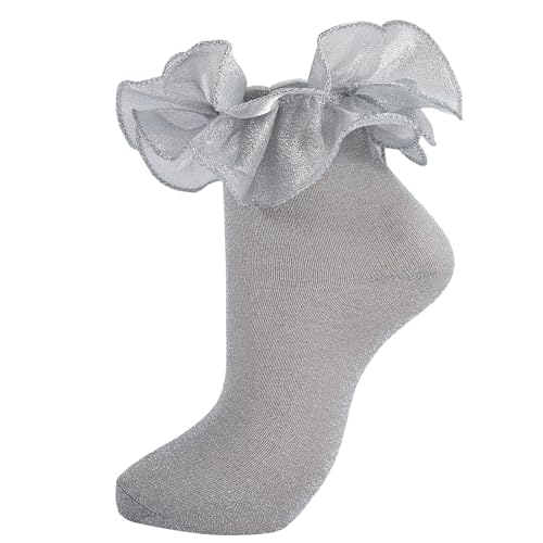 MKYSZLT Women Gold Glittery Ruffle Ankle Socks Adult Double Lace Silver Sparkling Frilly Socks Cute Fluffy Dress Sock Woman (US Alpha One Size Regular Regular silver - 1 pair)