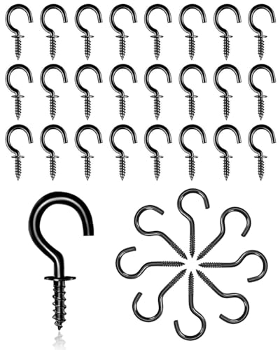 HZAOPZE 50 Pcs Ganchos Atornillables de Acero Inoxidable,Gancho Pared de Tornillo, Clavo Alcayatas de Tornillos de Techo de Apertura Con caja para Colgar Cosas en Interiores y Exteriores, negro