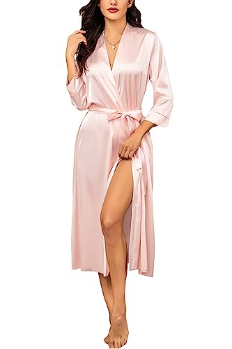 HOTOUCH Womens Satin Silk Long Kimono Robes Sexy Bridesmaid Robe Wedding Party Dressing Gown A-Pink Small