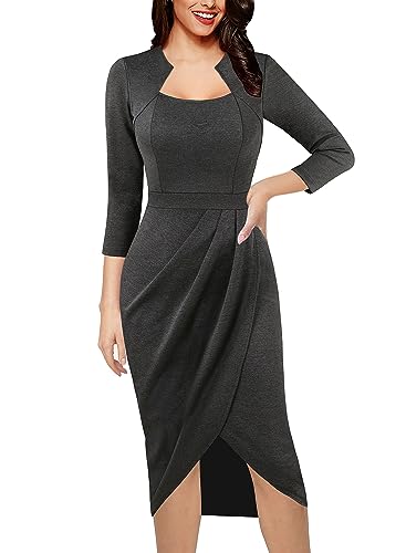 VFSHOW Womens Square Neck Work Ruched Front Slit Business Office Party Dress Church Bodycon Sheath Midi Pencil Dress