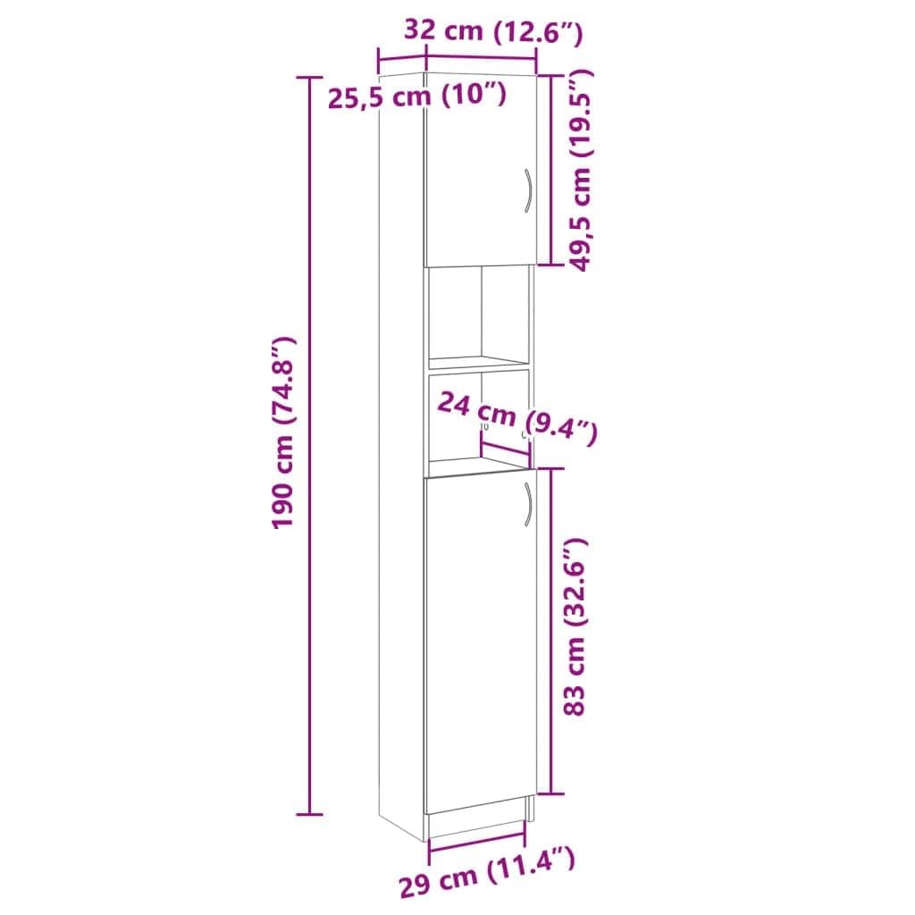 VidaXL Armario de Baño de Madera de Ingeniería Color Roble 32x25,5x190 cm, Mueble de Almacenaje para Baño