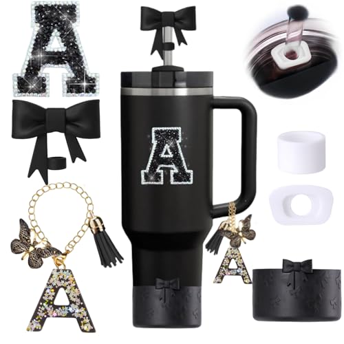 6pcs Black Stanley Cup Accessories Set Bow Straw Topper for Stanley Cup 30oz 40oz Including Straw Topper and Bow Silicone Boot Stoppers Spill Proof Handle Charm Initials Sticker