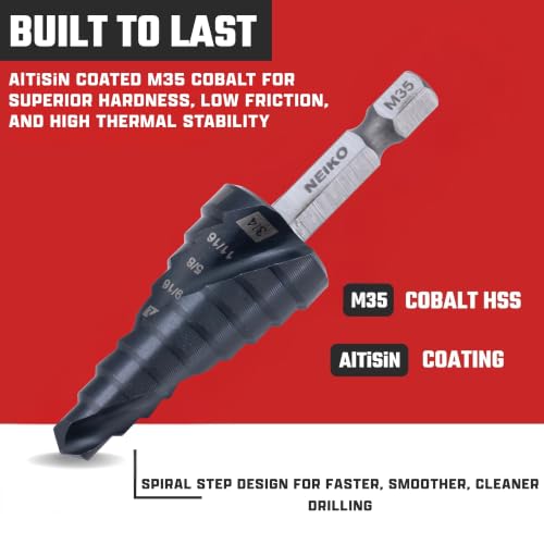 Image of NEIKO 10608B Step Drill Bit, 9 Steps 1 /4 inch to 3 /4 inch Spiral M35 Cobalt, AlTiSiN Coated, 1 /4 inch Quick Change Step Bits for Steel, Metal, Wood, Plastic, Unibit Cone Drill Bits, Two Flute