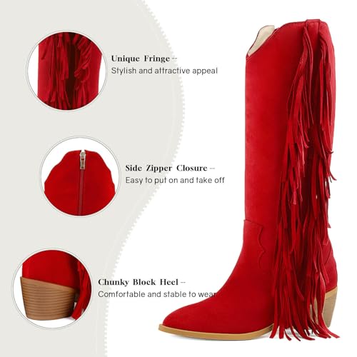 Image of KiutSymo Cowgirl Fringe Boots For Women White Tassels Cowboy Boots Knee High Pointed Toe Western Boots