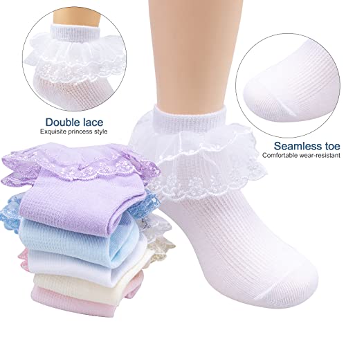 4/5/6 Pack Baby Toddler Girls Ruffle Socks White Princess Eyelet Frilly Lace Ankle Cotton Dress Socks for Little/Big Kids2
