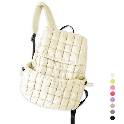 Image of izuzta Quilted Puffer Backpack for Women, Lightweight Soft Nylon Quilted Hiker Pack, Trendy Puffy Padding Gym Backpack, Travel Bag for Casual Daypack Hiking Sport (Beige)