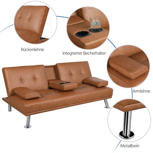 Yaheetech 3er-Sofa Schlafsofa Couch mit Tassenhalter Gästebett, Rückenlehne neigbar 105°/140°/180°, 167 x 81,5 x 75 cm, 350 KG belastbar, braun Kunstleder
