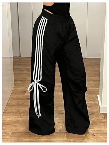 SOLY HUX Women's Striped Side Bow Knot Pants Elastic Waist Baggy Wide Leg Long Pants3