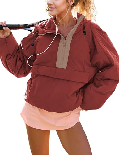 Ynhonra Womens Crew Neck Pullover Puffer Long Sleeve Loose Jacket Half Zip Hooded Coat with Drawstring(Cherry-M)