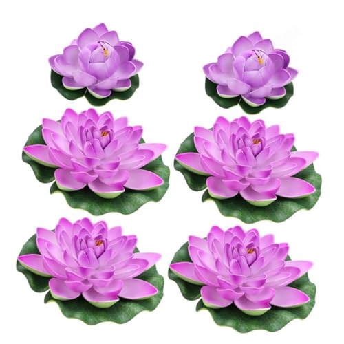 Happyyami Lot De 6 Nénuphars Artificiels Réalistes 2 Boutons Moyens 4 Grands, Plastique Solide, Décoration D'étang De Jardin Et Décor D'aquarium Flottant, Fleurs De Lotus Simulées Violet Rouge