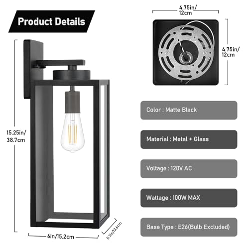 Large Size Outdoor Wall Light Fixtures, Exterior Lighting Fixtures Porch Sconces Wall Mounted, Waterproof Black Outdoor Wall Lanterns Lamps, Outside Lights for House Patio Front Door Entryway, 2-Pack