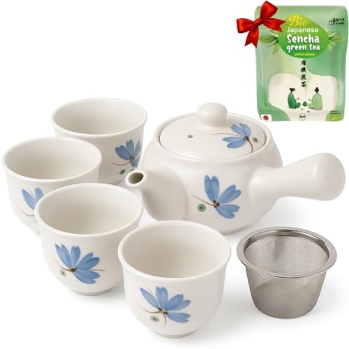 Goodwei Kyusu Service à thé japonais – Théière latérale (320 ml) avec infuseur en acier inoxydable et 4 tasses à thé (110 ml) – Authentique pour thé vert avec Sencha BIO du Japon (Rindō Sencha)