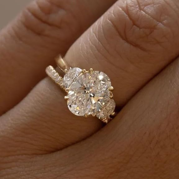 Three Stone Ring 3 CT Oval Cut Diamond Engagement Ring 14K Gold Plated Wedding Ring Gifted Ring For Her Half Moon Diamond Ring,size 3-12.2