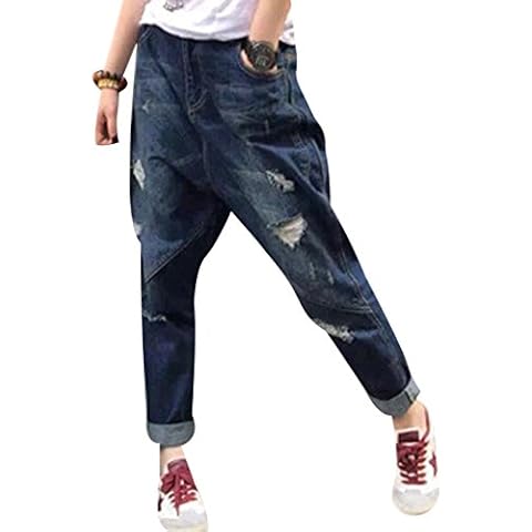 Youlee Women's Harem Trousers Broken-Hole Jeans with Pockets Blue Cover