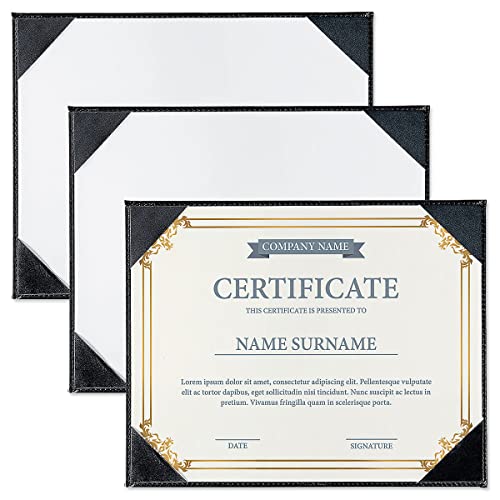 Fine Stationery Black Faux Leather Certificate Holders with Acrylic Easel Stand - 3-Pack, Holds 8.5x11'' Letter-Size Document Vertically or Horizontally, Professional Certificate Award Frame