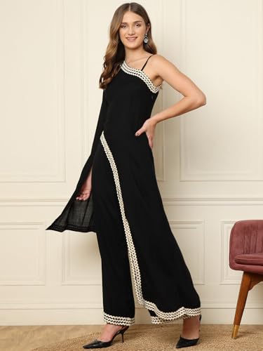 Image of DEEBACO Women's Solid Rayon Ankle Length Tunic & Palazzo|Cape Sleeve|Cord Set for Women Fashion|Long Jumpsuits Western Dress for Women Stylish Two Piece Co ord Set|Casual Wear(Black)