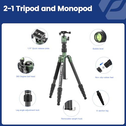 Image of Fotopro 60 inch Carbon Fiber Camera Travel Tripod, 2lbs Super Lightweight Compact Tripod with 360 Metal Ball Head, Detachable Monopod, with Arca QR Plate & Bag, Load up to 8KG /17.63lbs, for SLR DSLR