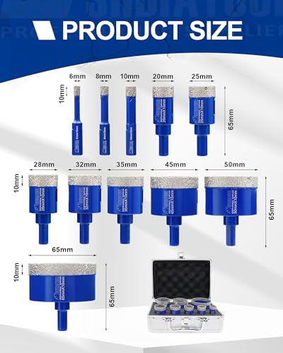Image of SHDIATOOL Diamond Drill Core Bits Set for Porcelain Triangle Shank Hole Saw Cutter for Tile Marble Ceramic Granite on Drill Machine 11pieces(6 /8 /10 /20 /25 /28 /32 /35 /45 /50 /65MM)