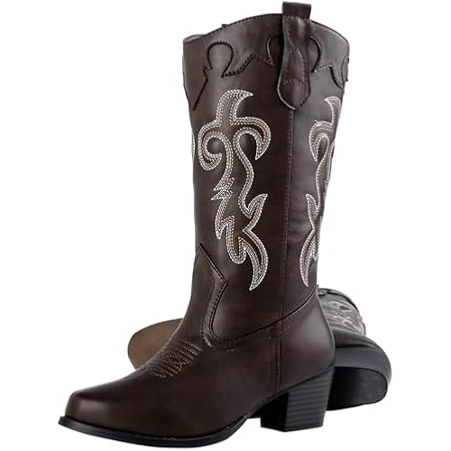 Women's Rodeo Boots - Classic Western Booties for Women & Teen Girls, Black, Mid-Calf, Faux Leather, Memory Foam Insole, Cowboy Boots
