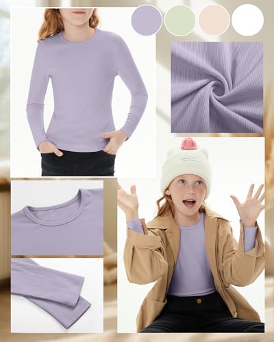 Image of 4 Pack Girls Long Sleeve Shirts Ribbed Knit Cotton Crewneck Tops Slim Fit Soft Casual Kids Base Layer Undershirts