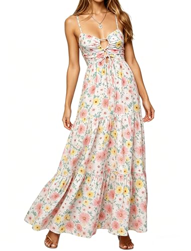 Image of Womens Summer Floral Spaghetti Strap Backless Low Cut Smocked Milkmaid Flowy Beach Sundresses
