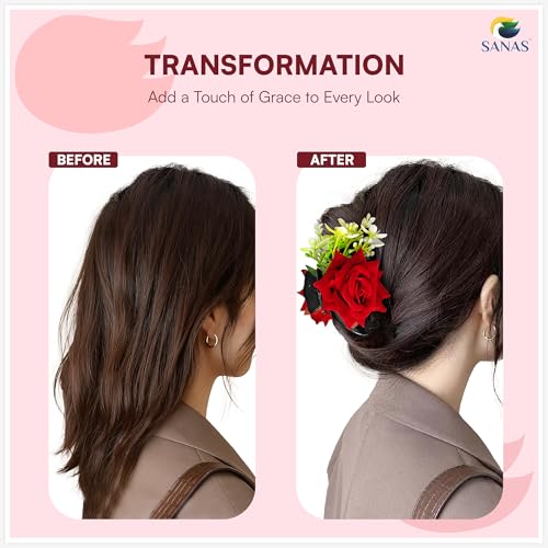 Image of Sanas Flower Claw Clip (1Pc) Red Rose Flower Clutcher For Women Hair Clutch For Women Artificial Flowers For Hair Styling Rose Clips For Hair Juda Accessories For Girls (1Pc) (Red)