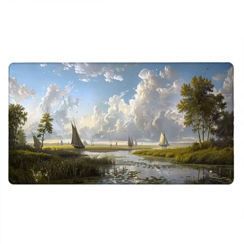 Alfombrilla Ratón XXL Alfombrilla Escritorio 900x400mm Mouse Pad Mejora la Precisión y la Velocidad con Base de Goma Antideslizante y Bordes Cosidos Duradera Cómoda, Juegos (Lago Velero) xR8-159