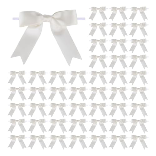 Meseey 50 Pcs 3 Inches Twist Tie Satin Ribbon Bows Ivory Pretied Premade Craft Bows for Treat Bags Gift Wrapping Basket Wedding Baby Shower Brithday Christmas Party (3