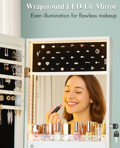 LUXFURNI LED Light Mirror Jewelry Cabinet Standing Jewelry Armoire, 60\" Full Length Mirror with Storage, Built-in Makeup Mirror, 3 Adjustable Angles, Lockable Jewelry Mirror Organizer, White