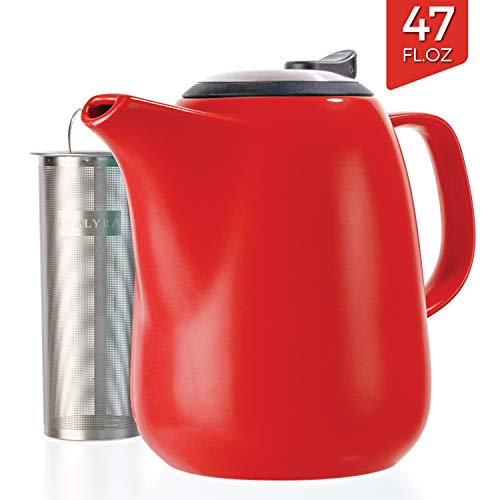Tealyra - Daze Ceramic Large Teapot Red - 1400ml (6-7 Cups) - with Stainless Steel Lid Extra-Fine Infuser for Loose Leaf Tea