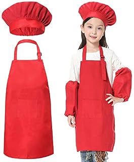 Kids Chef Outfit Apron Set Chef Hat Sleeves Aprons for Kids - Boys Girls Adjustable Kid Chef Costume Kitchen Cooking and Baking Wear