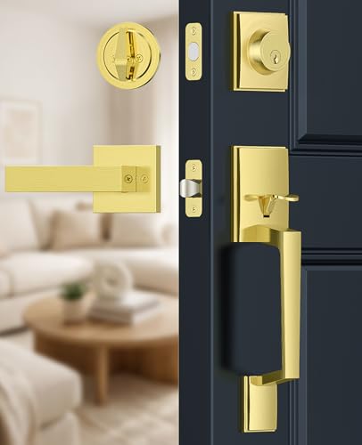 Image of Brightify Gold Front Door Lock Set with Single Cylinder Deadbolt, Modern Exterior Door Handle Set with Reversible Lever, Adjustable Latch for Right /Left Handed Heavy Duty Entrance