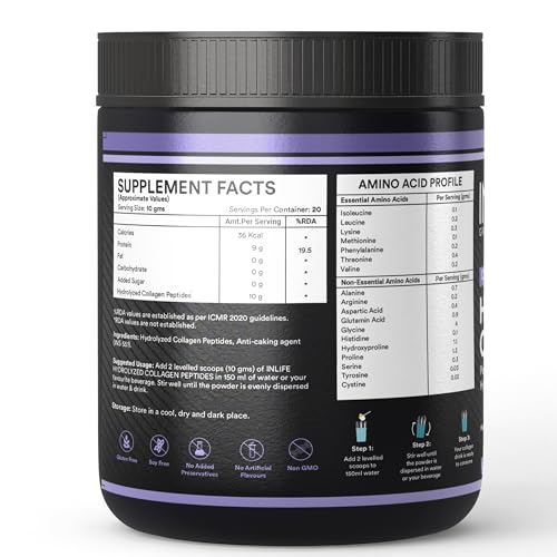 Image of INLIFE Japanese Hydrolyzed Collagen Peptides Powder Clinically Proven Ingredient, Type 1 & 3, for Men & Women (Unflavoured, Collagen, 200g)