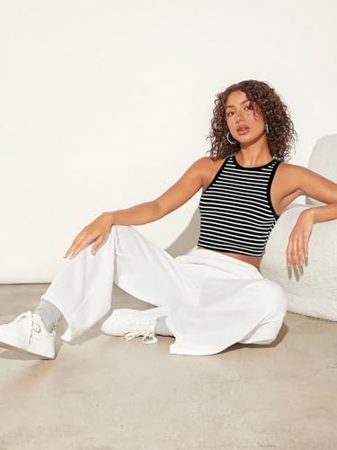 Image of Aahwan Women's & Girl's 100% Polyester Black Slim Fit Striped Crop Racerback Tank Top